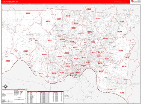 Hamilton County, OH Zip Code Wall Map Red Line Style by MarketMAPS - MapSales