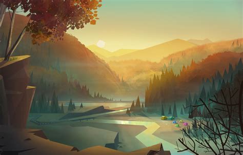 Wallpaper Sunset, Mountains, Figure, Vector, Trees, River, Forest, Dawn ...