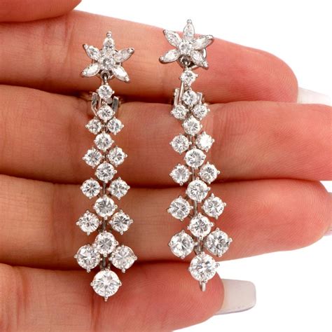 Long Diamond Platinum Floral Dangling Drop Earrings at 1stDibs