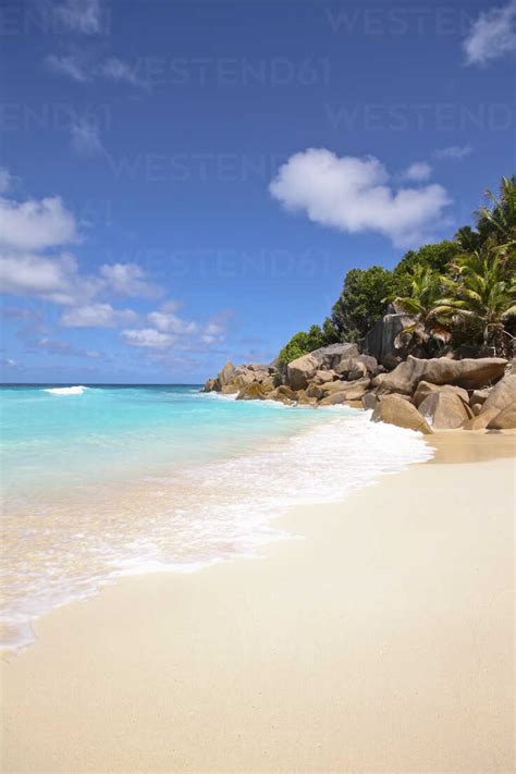 Seychelles, View of the Petit Anse beach at La DIgue Island ...