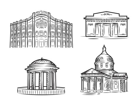 Old architecture in line art style. Vector set of hand drawn ...