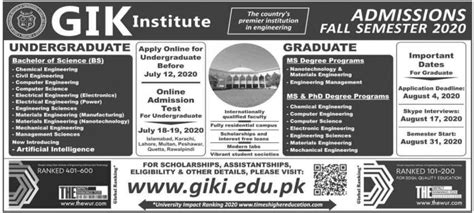 GIKI University Entry Test date 2020 BS, MS, PhD Degree Program ...