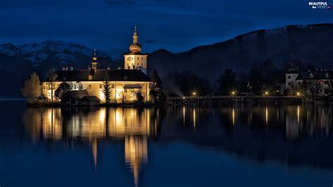 bridge, Ort Castle, Gmunden, Night, Floodlit, Lake Traunsee, Austria - Beautiful views ...