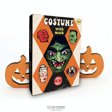 Printable Vintage Halloween Box, Costume With Mask / Digital 5 by 7 by 1.25 Box Template for ...