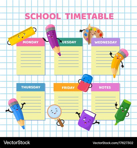 School timetable with funny cartoon stationery Vector Image