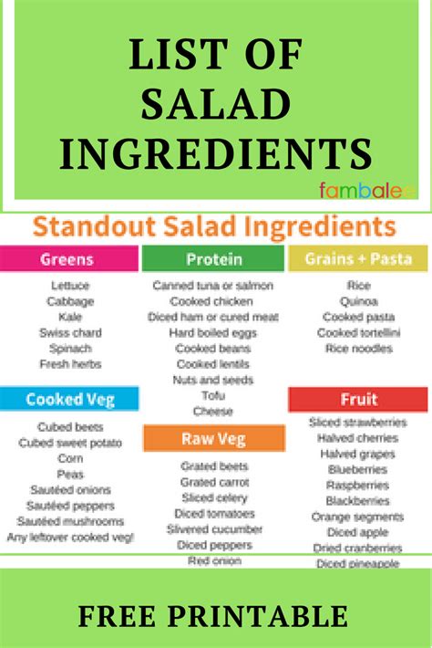 Printable list of salad ingredients which will allow you to mix and match for unique salads ...