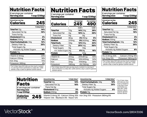 Nutrition facts label set tables food Royalty Free Vector