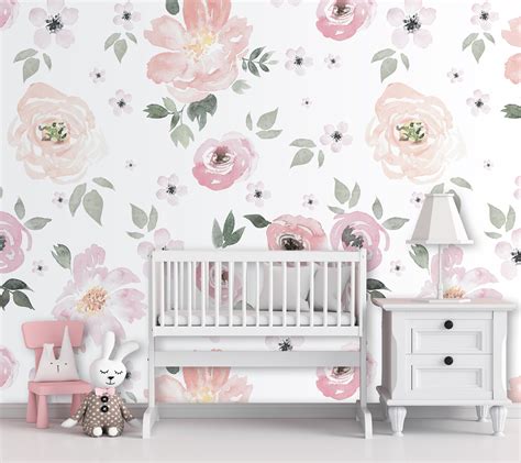 Watercolor Flowers Wallpaper Peel and Stick Pink Floral Wall Mural for Nursery - Etsy | Floral ...