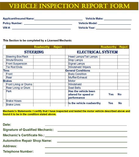 Vehicle Inspection Form Templates - Free Report Templates