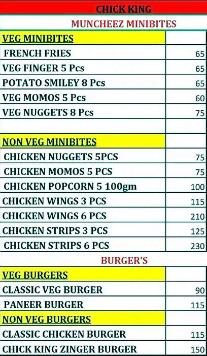 Menu at Chick King, Chennai