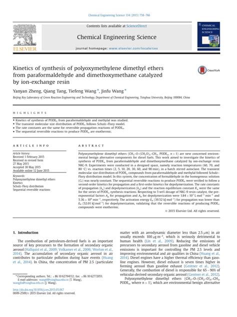 Kinetics of Synthesis of Polyoxymethylene Dimethyl Ethers From Paraformaldehyde and ...