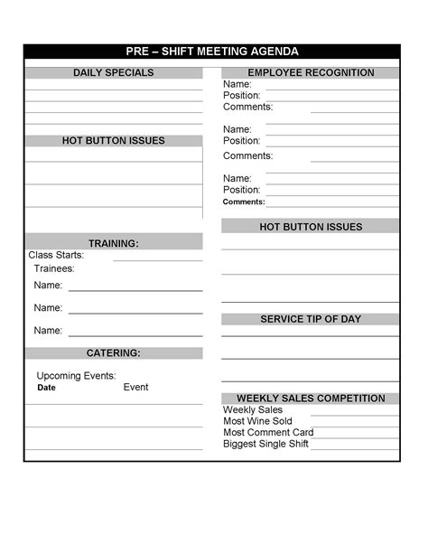 Daily Restaurant Pre-Shift Meeting Sheet