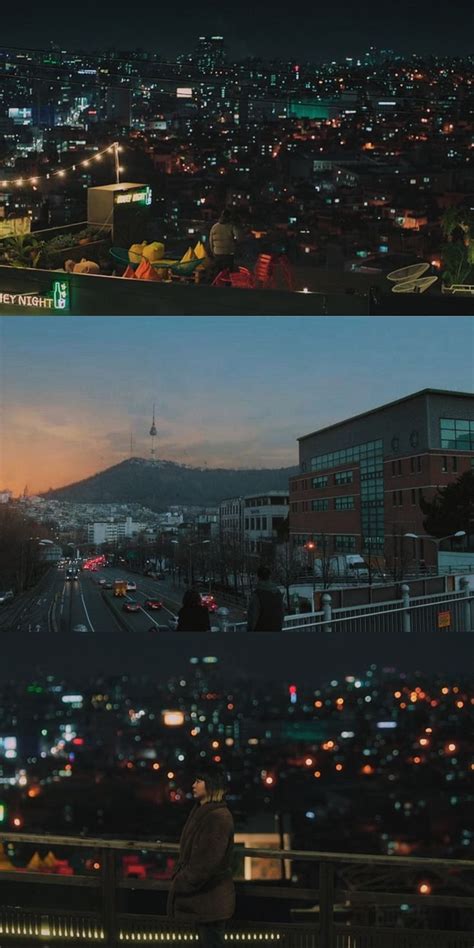 two pictures of the same city at night and in the day, one is taken ...