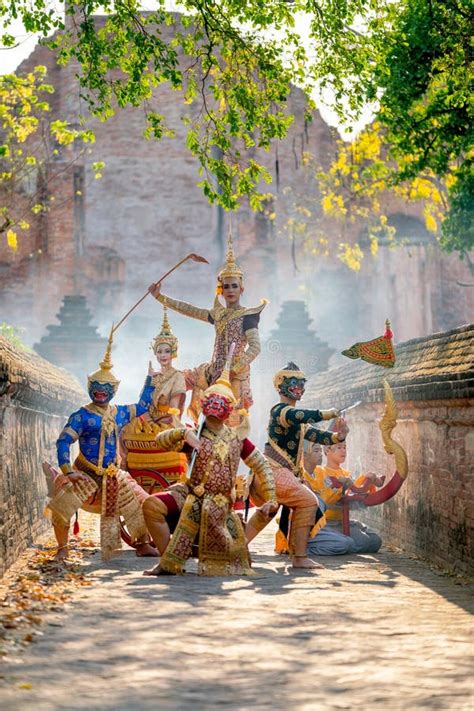 Vertical Image of Small Group of Khon or Traditional Thai Classic Masked from the Ramakien ...