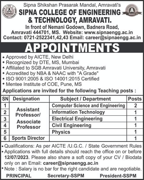 Appointments – Sipna College Of Engineering And Technology, Amravati