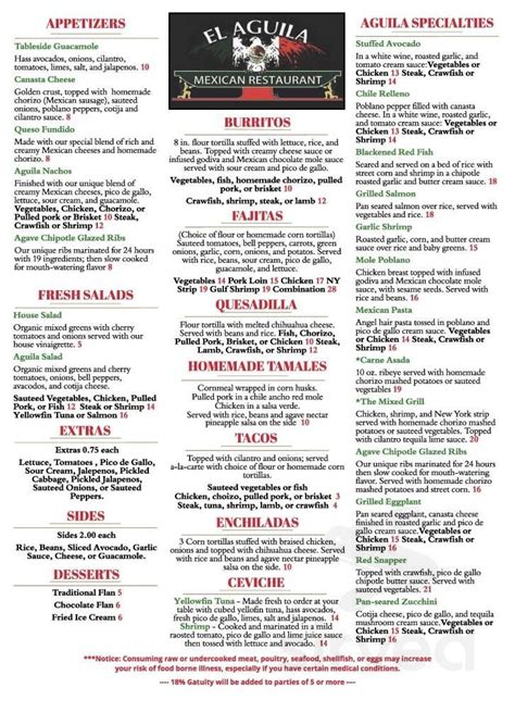 El Aguila menu in Gulfport, Mississippi, USA