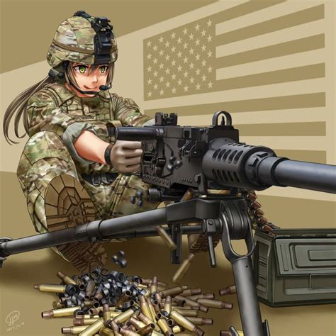 1girl aiming american_flag ammo_box ammunition_belt boots brown_hair browning_m2 camouflage ...