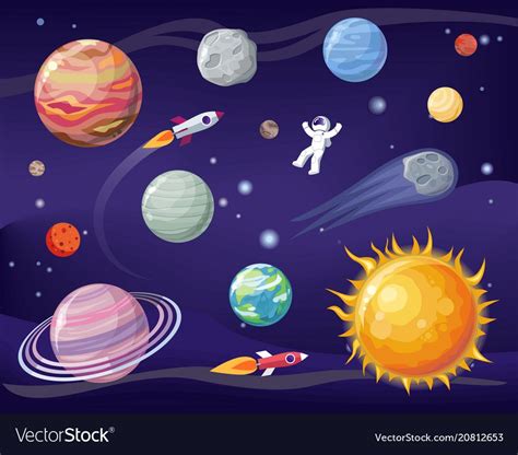 Space and planets set, poster with astronaut wearing special suit, Sun and Earth, stars and ...