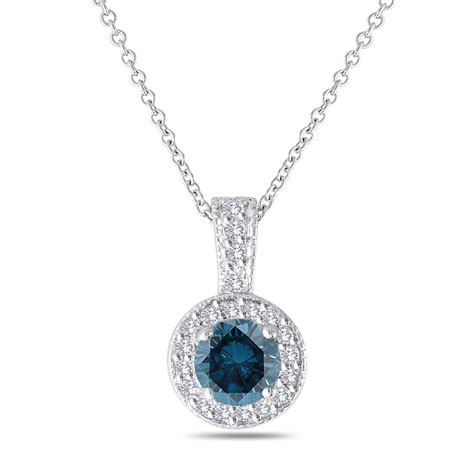 Blue Diamond Pendant Necklace 14K White Gold 1.23 Carat Halo Pave Handmade