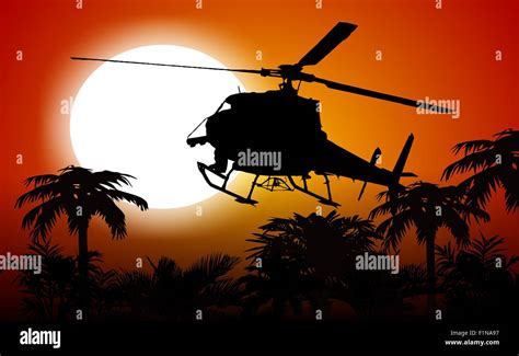 Helicopter In the Jungle Sunset Silhouette. Abstract Illustration Stock ...