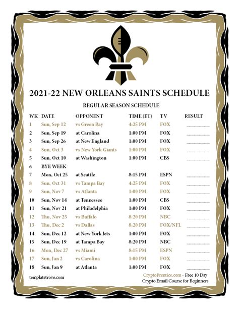 Printable 2021-2022 New Orleans Saints Schedule