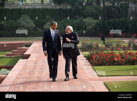 President Barack Obama and Prime Minister Narendra Modi walk in the garden at Hyderabad House in ...