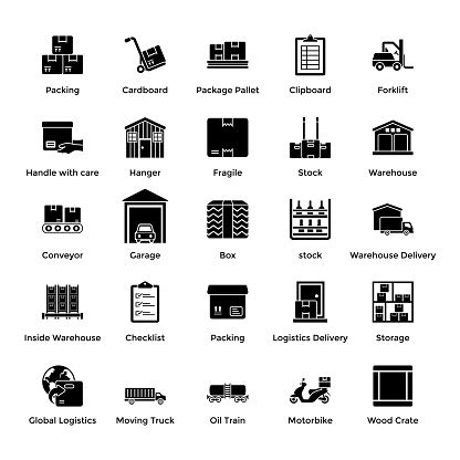 Warehouse Solid Icons Pack Stock Illustration - Download Image Now - Moving Van, Airplane Hangar ...