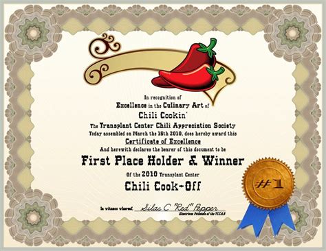 Chili Cook Off Winner Certificate Template