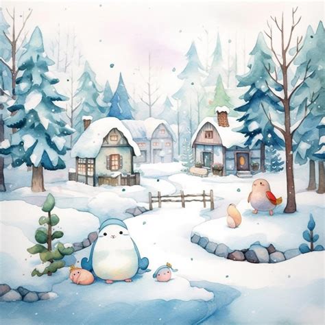 Premium Photo | A watercolor painting of a snowy scene with a snowy village and a snow covered ...