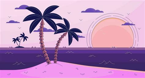 Bay lo fi aesthetic wallpaper. Sunset near ocean. Small island. Beach with palm tree and sand 2D ...