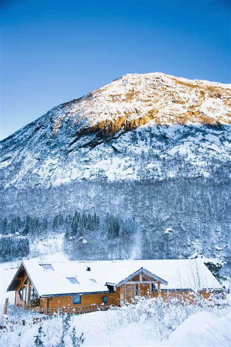 Norway Sognefjord winter wonderland Ortnevik Alpine Log cabin in snow ...