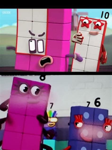 two pictures of different colored blocks with faces