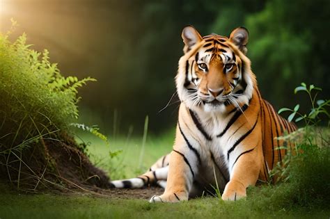 Premium Photo | A tiger sitting in the grass