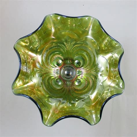 Vintage Imperial Helios Green Scroll Embossed Carnival Glass Compote - circesoftware.net