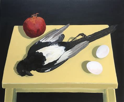 Black White Red Yellow - Magpie, Pomegranate, Duck Eggs On Yellow Stool - Flan Flanagan