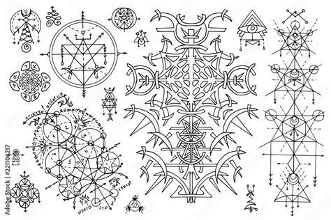 Design set with gothic abstract patterns and mystic symbols on white ...