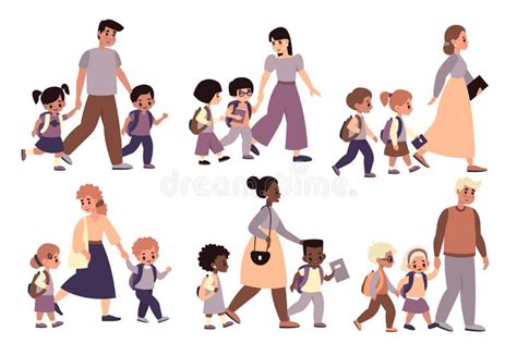 Parent and Pupils are Going To School Stock Illustration - Illustration ...