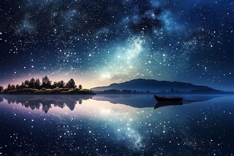 Premium Photo | A starry night sky with a boat in the water