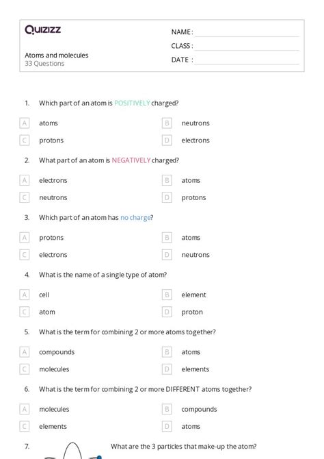 50+ atoms and molecules worksheets on Quizizz | Free & Printable