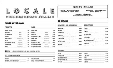 Menu at Locale Neighborhood Italian Restaurant, Tucson