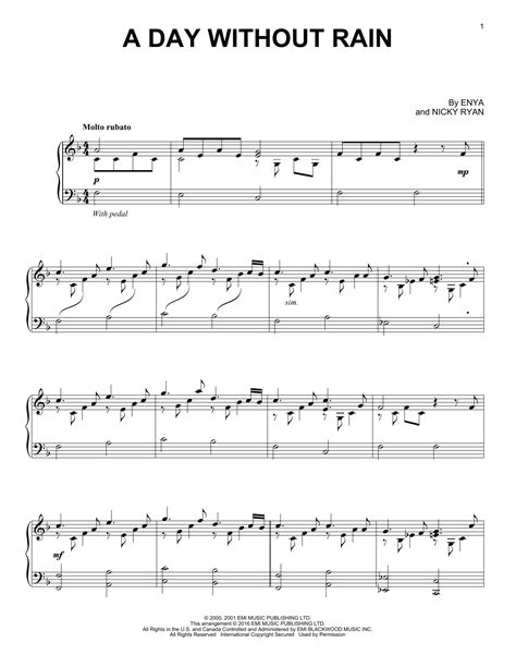 A Day Without Rain by Enya Sheet Music for Piano Solo at Sheet Music Direct