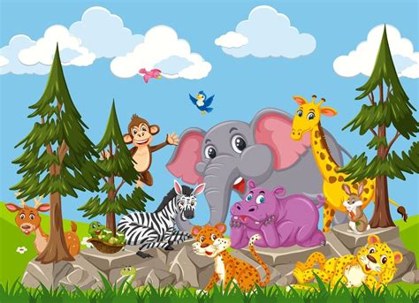 Wild animal group cartoon character in the forest 2062797 Vector Art at ...