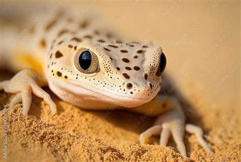 Sand gecko stenodactylus petrii stenodactylus petrii gecko basking in the sand closeup ...