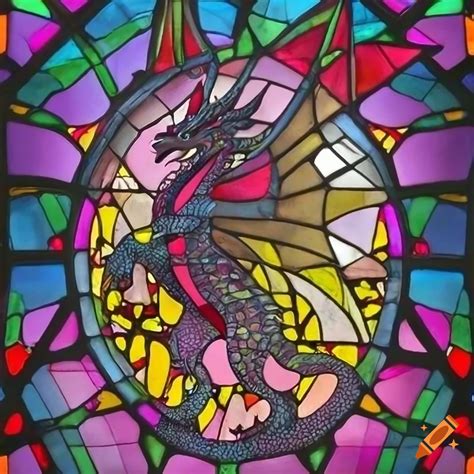 Gothic style stained glass window with a dragon