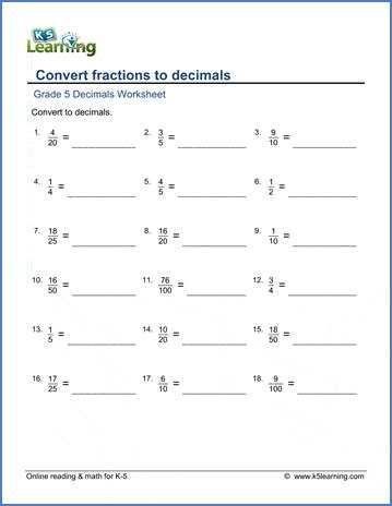 Decimal Fraction Worksheet For Class 5