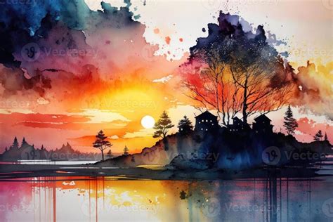 Synthetic scenery landscape watercolor painting. Riverside scenery at sunset. 21958160 Stock ...