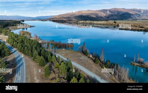 Lake Ruataniwha rowing course scenery viewed from a drone above the water Stock Photo - Alamy