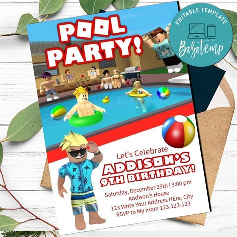 Roblox Pool Party Birthday Invitation for boy Printable DIY ...