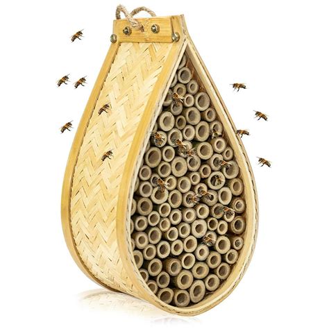 KIBAGA Mason Bee House - Handmade Natural Bamboo Bee Hive - Attracts Peaceful Bee Pollinators to ...