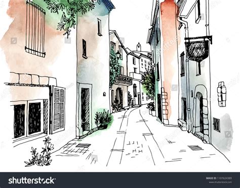 Old town street in hand drawn sketch style. Vector illustration. Small European city. France ...